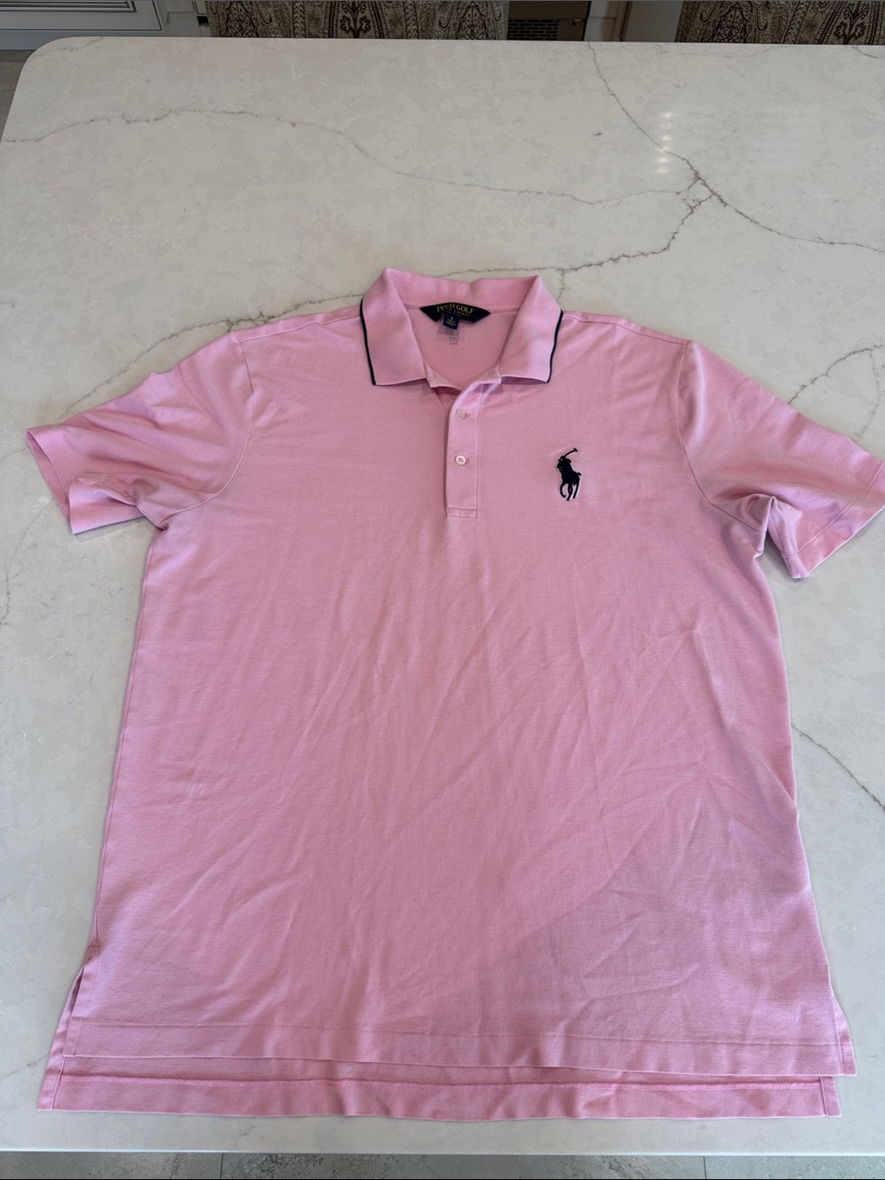Ralph Lauren Pink Polo with Navy Pony and Collar Trim